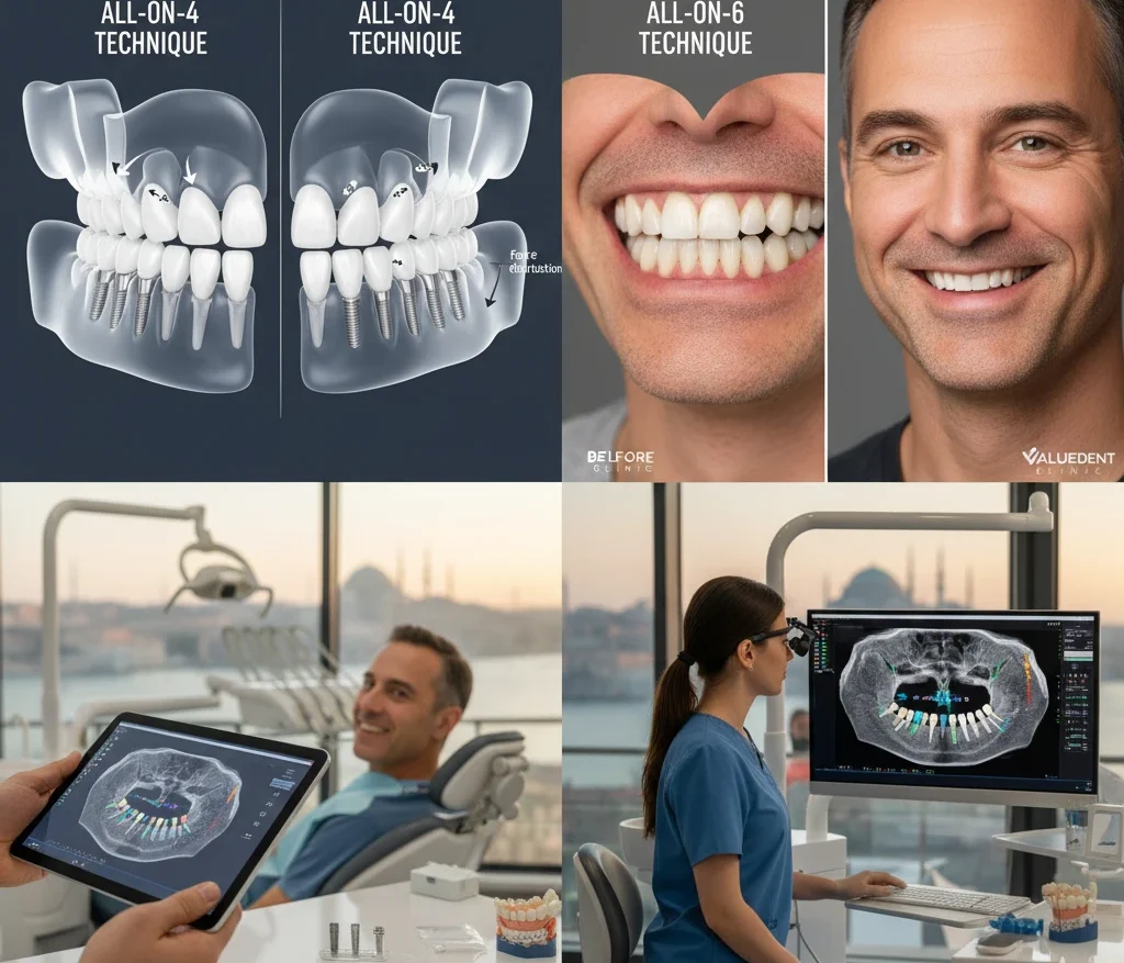 diagram showing the all on 4 implant technique vs all on 6 placement.