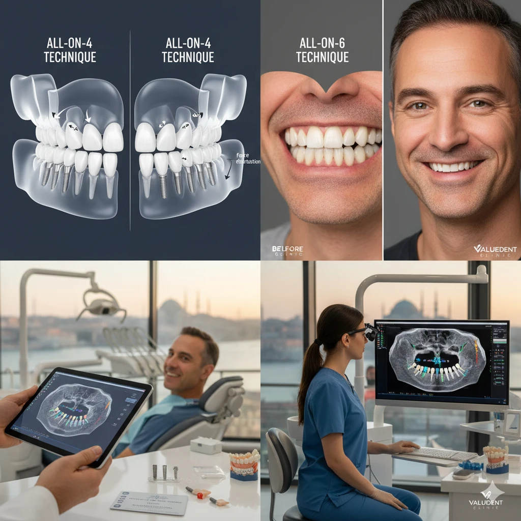 diagram showing the all on 4 implant technique vs all on 6 placement.