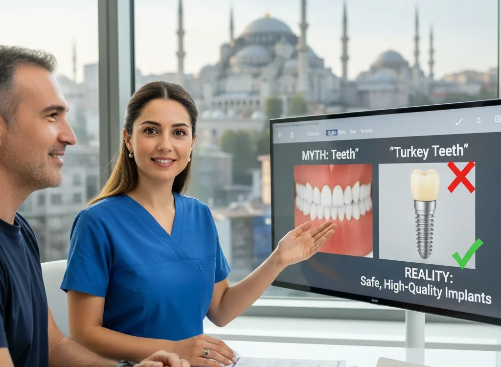specialist explaining the dental implants in turkey process to a patient.