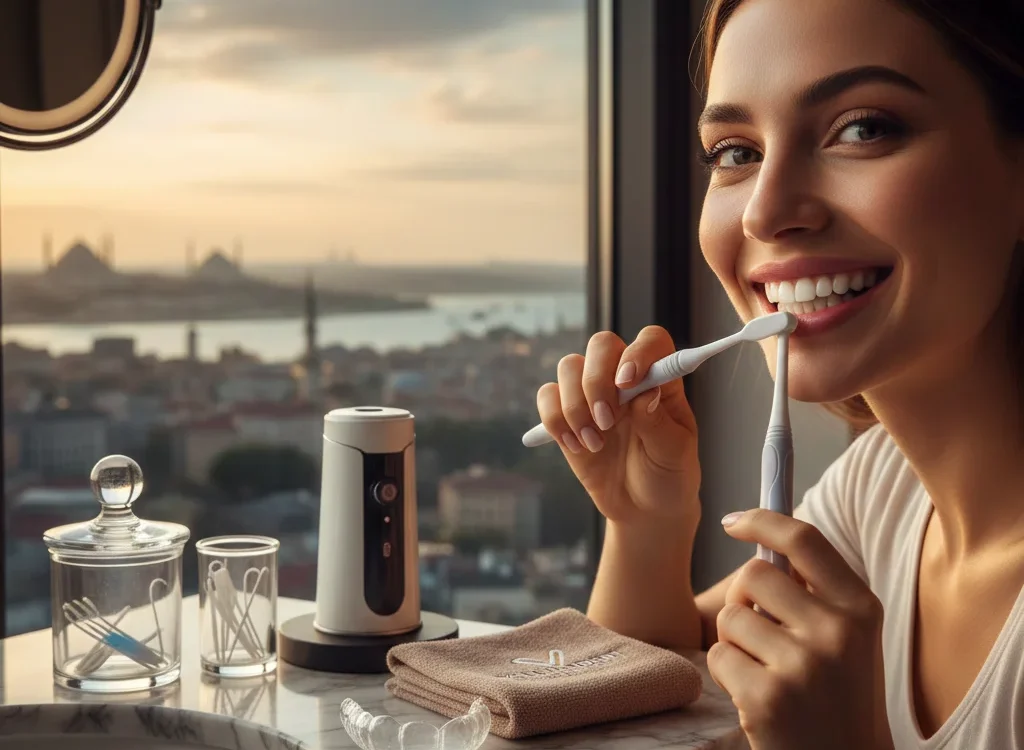 a patient performing hollywood smile aftercare in istanbul using a soft brush