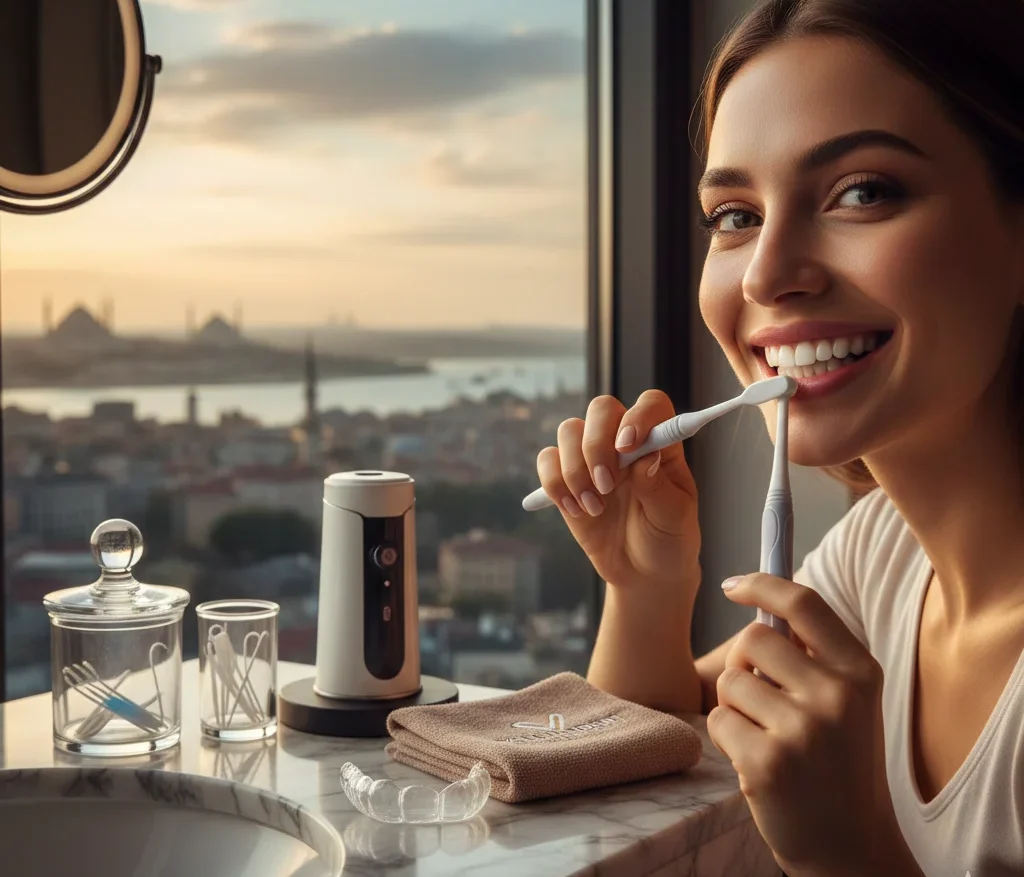 Hollywood-Smile-Aftercare-Istanbul-Routine a patient performing hollywood smile aftercare in istanbul using a soft brush