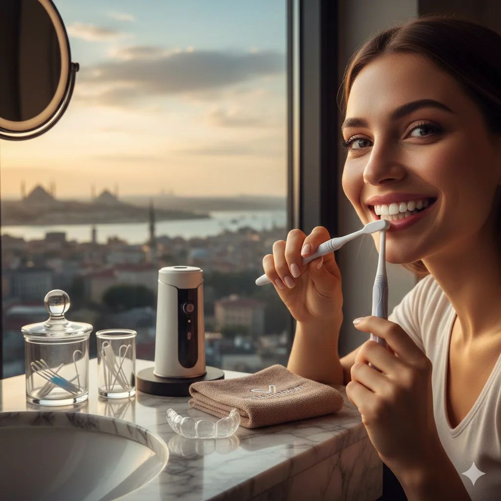 a patient performing hollywood smile aftercare in istanbul using a soft brush