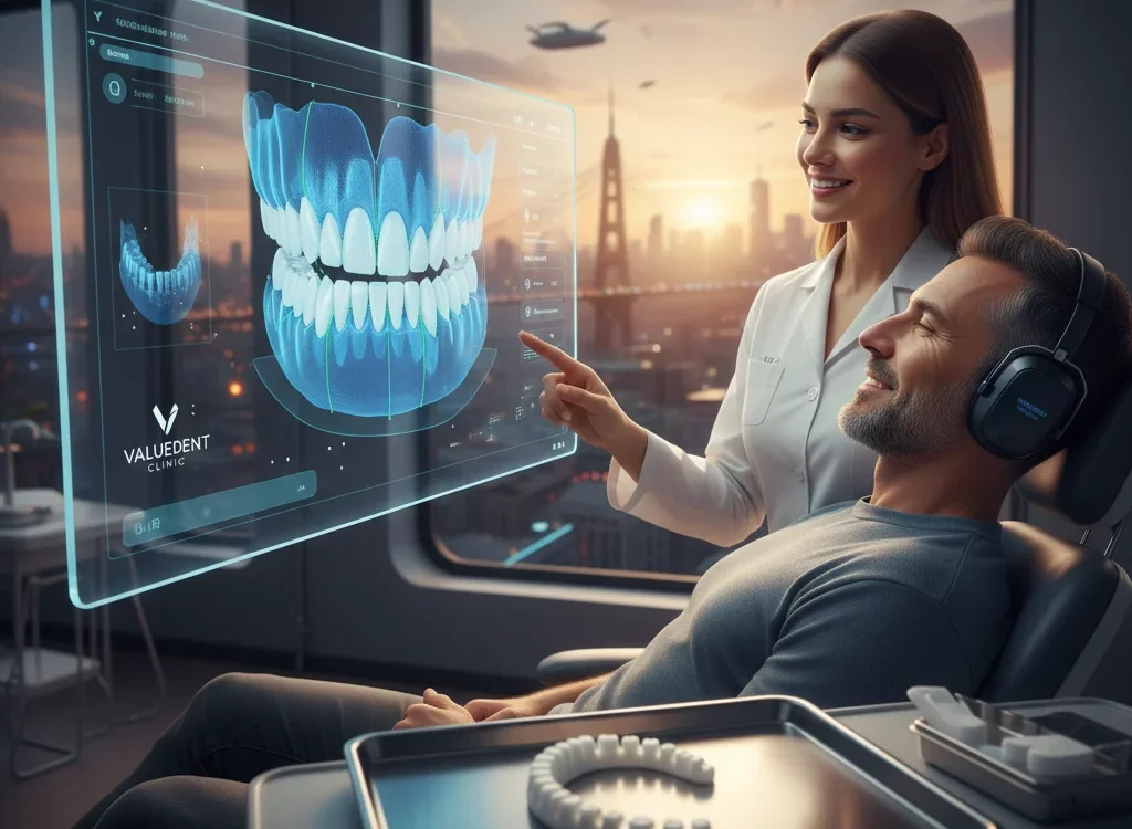 a dentist showing a 3d-guided dental implant solution to a smiling patient)
