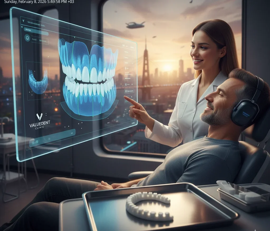 Pain-Free-Dental-Implant-Solutions-Guide a dentist showing a 3d-guided dental implant solution to a smiling patient)