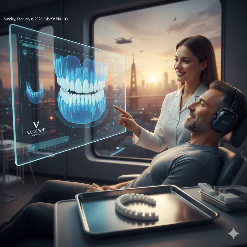 a dentist showing a 3d-guided dental implant solution to a smiling patient)