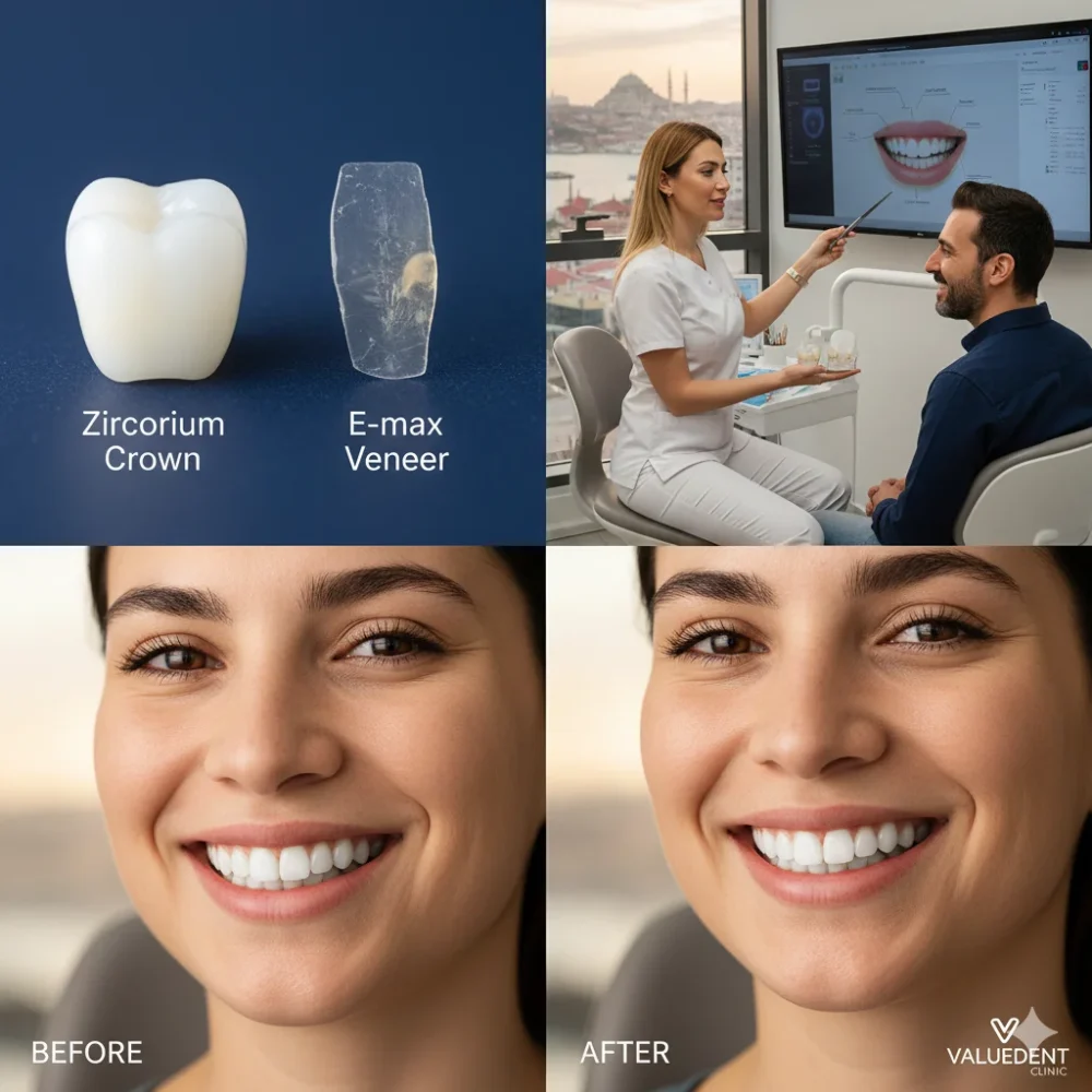 zirconium-crowns-vs-veneers-comparison Side-by-side comparison of a zirconium crown and an E-max veneer at Valuedent Clinic