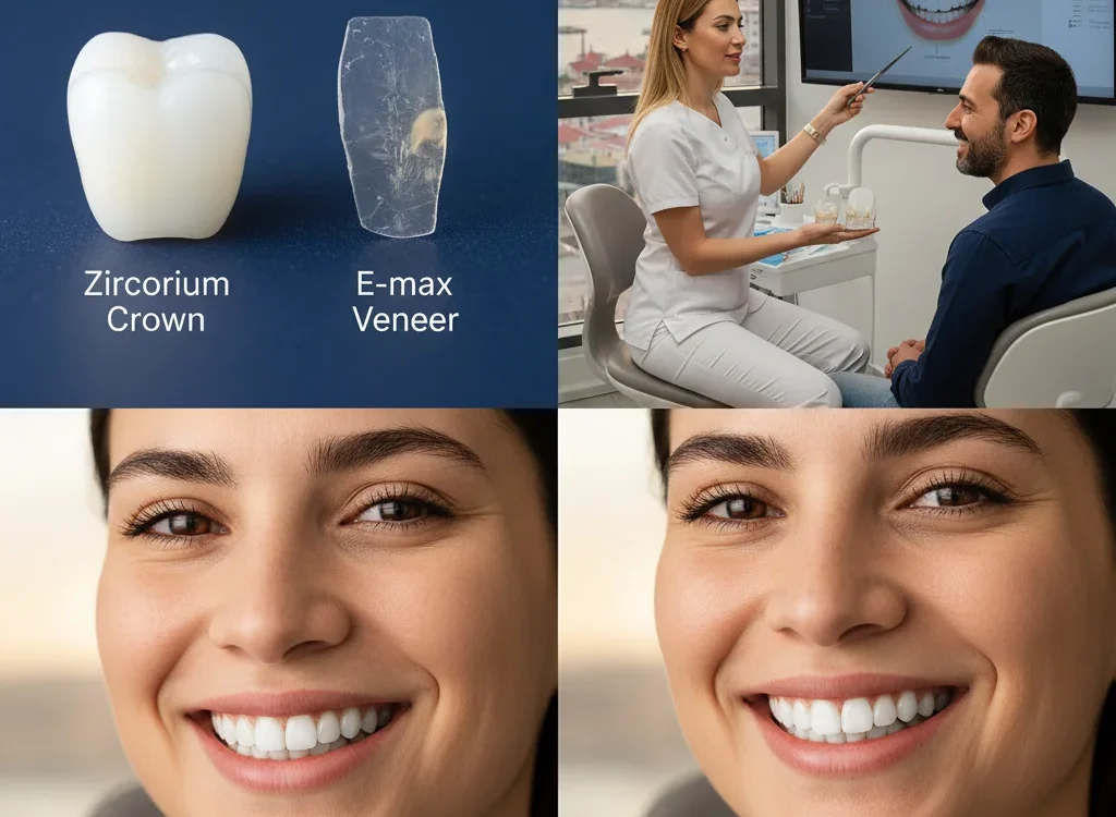 side-by-side comparison of a zirconium crown and an e-max veneer at valuedent clinic