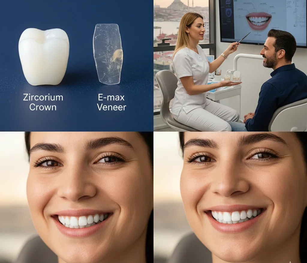 Zirconium-Crowns-Vs-Veneers-Comparison side-by-side comparison of a zirconium crown and an e-max veneer at valuedent clinic